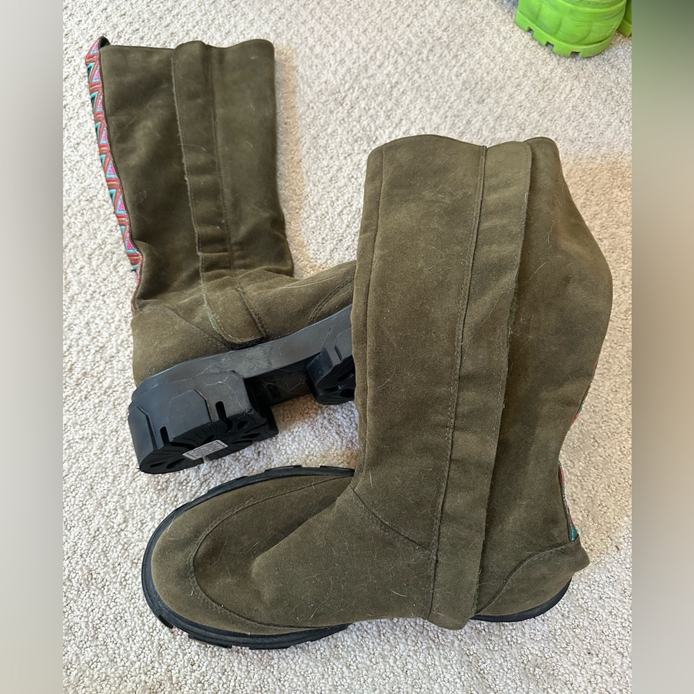 FARM RIO Olive Green Suede Knee-High Boots with Woven Back Trim